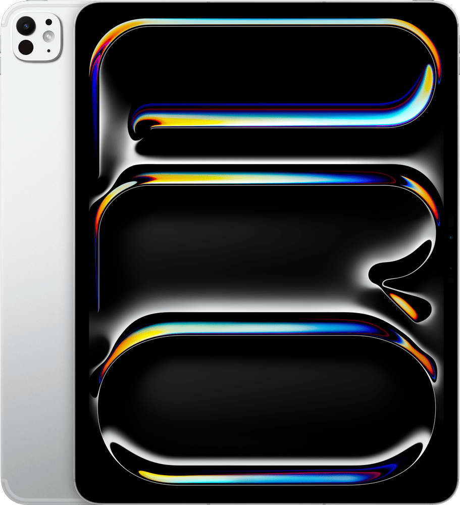 Apple iPad Pro 13" i sølv sett fra forsiden og baksiden