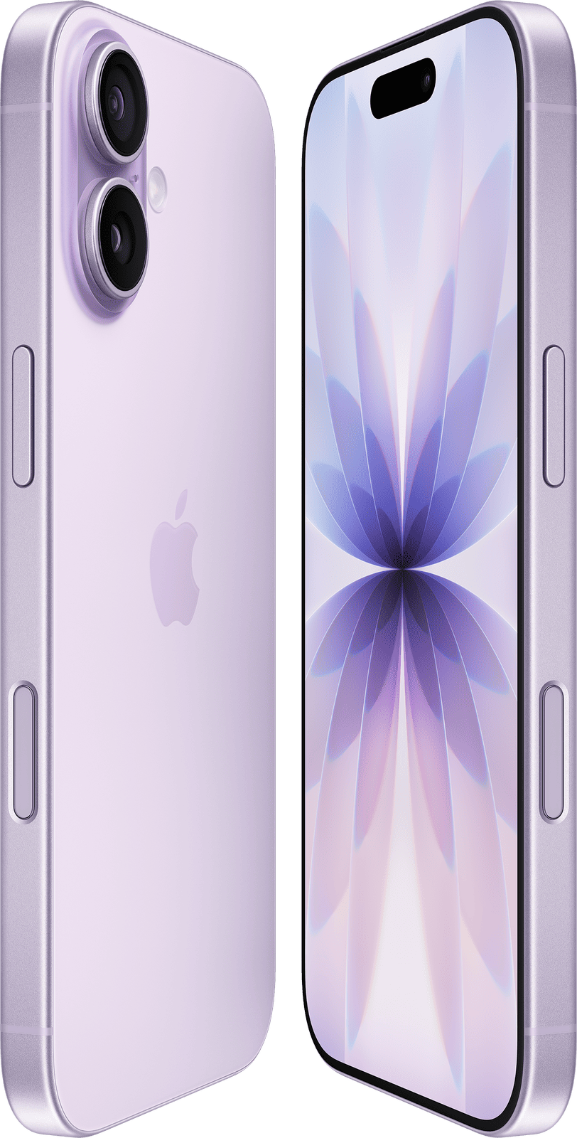 Apple iPhone 17 i lavendelfarge sett fra venstre og høyre side