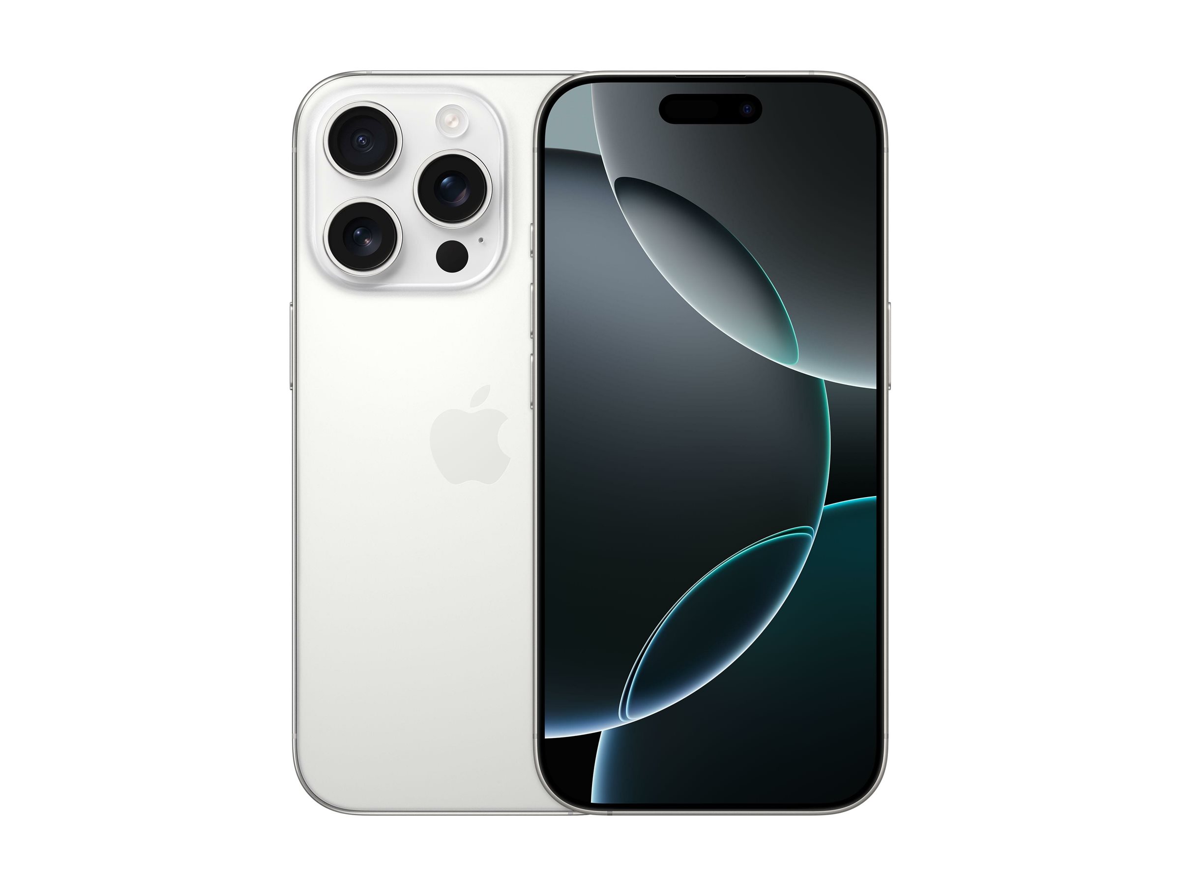 SomNy Apple iPhone 16 Pro i Hvit Titan sett fra forsiden og baksiden