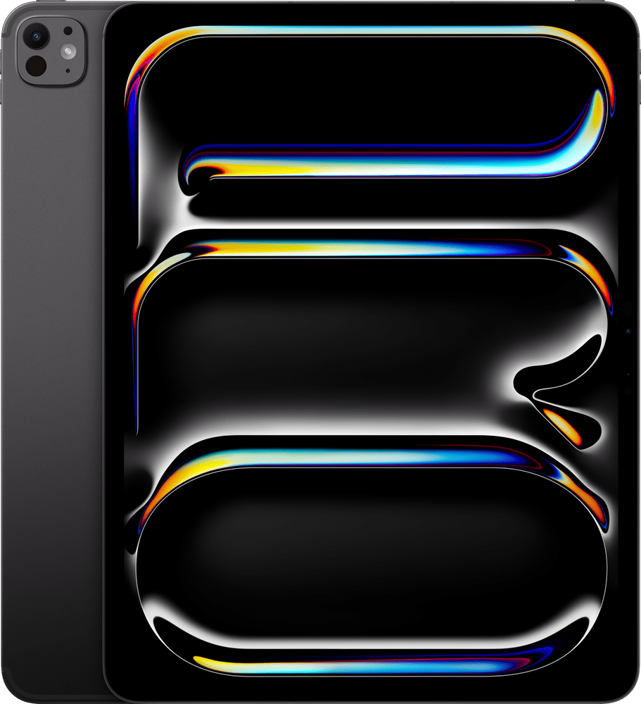 Apple iPad Pro 13" i stellarsvart sett fra forsiden og baksiden