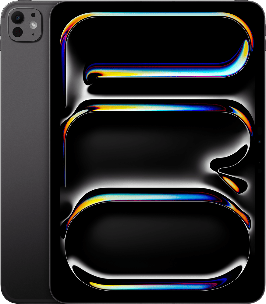 Apple iPad Pro 11" i stellarsvart sett fra forsiden og baksiden