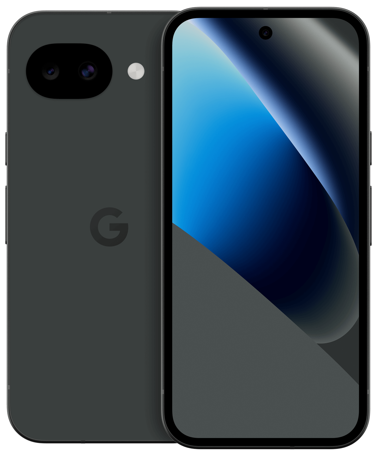Pixel 10a 128GB Obsidian, to telefoner satt ved siden av hverandre, den ene viser skjermen og den andre viser baksiden.