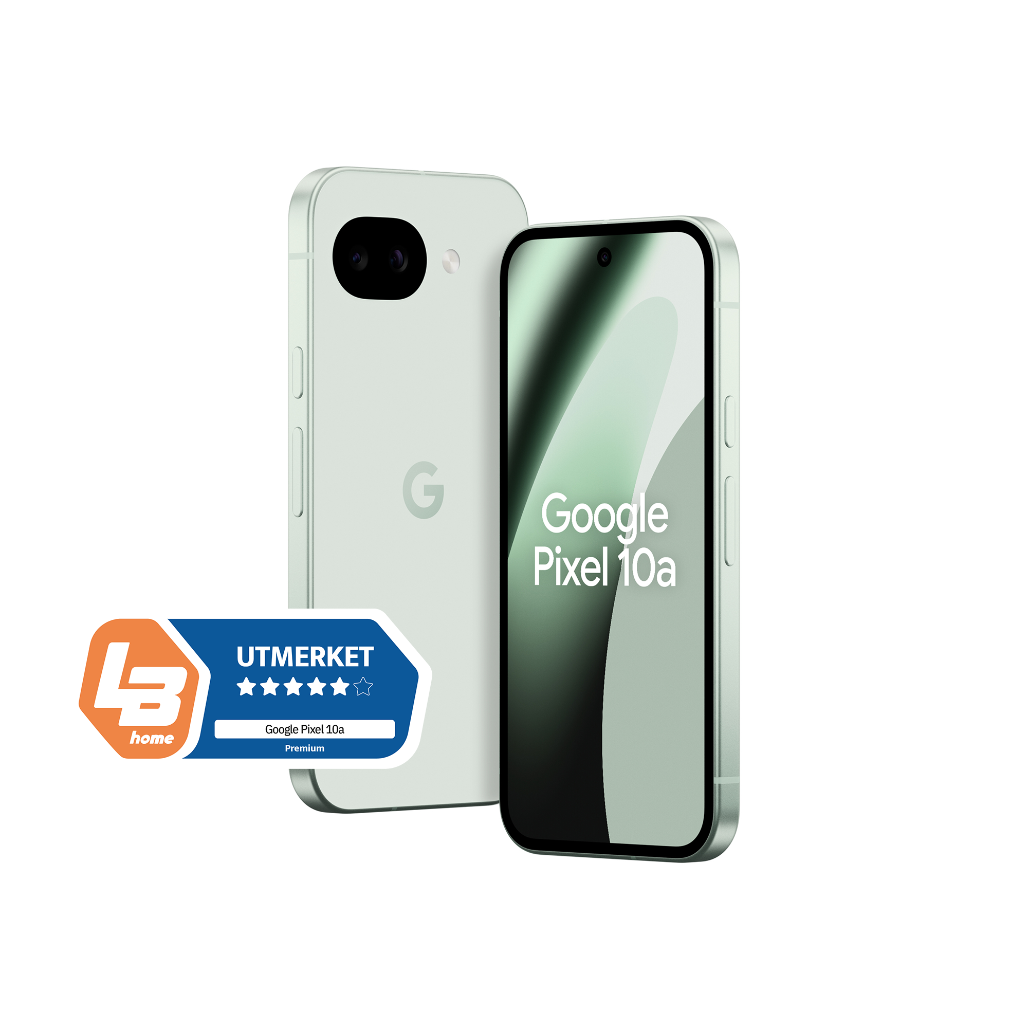 Pixel 10a 128GB Fog, to telefoner satt ved siden av hverandre, den ene viser skjermen og den andre viser baksiden.