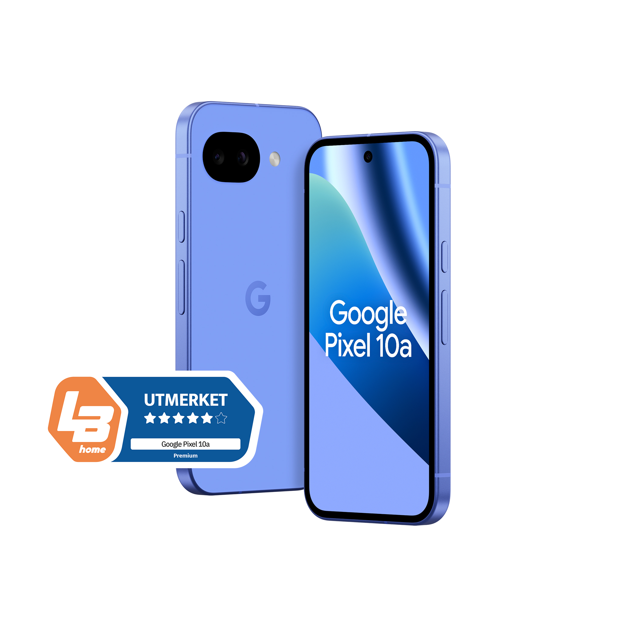 Pixel 10a 128GB Lavender, to telefoner satt ved siden av hverandre, den ene viser skjermen og den andre viser baksiden.