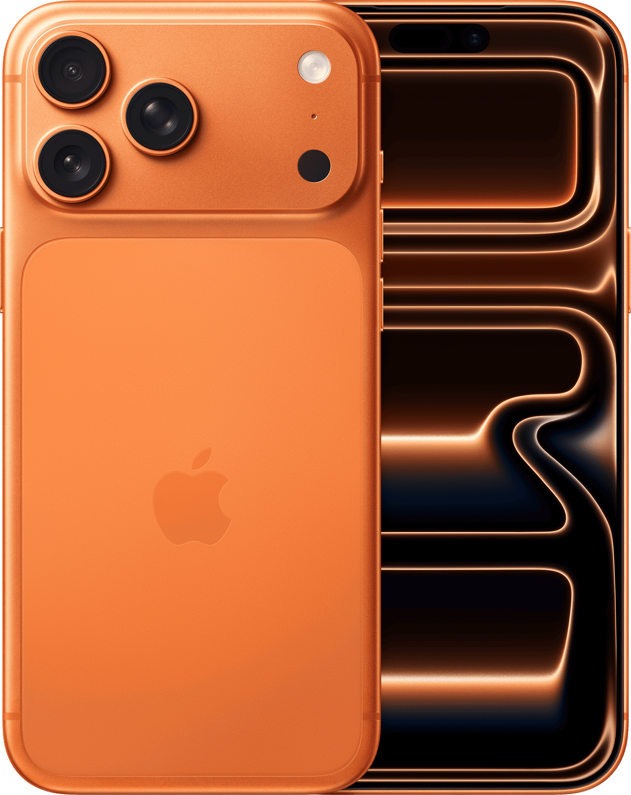 Apple iPhone 17 Pro Max Kosmisk Oransje sett fra forsiden og baksiden