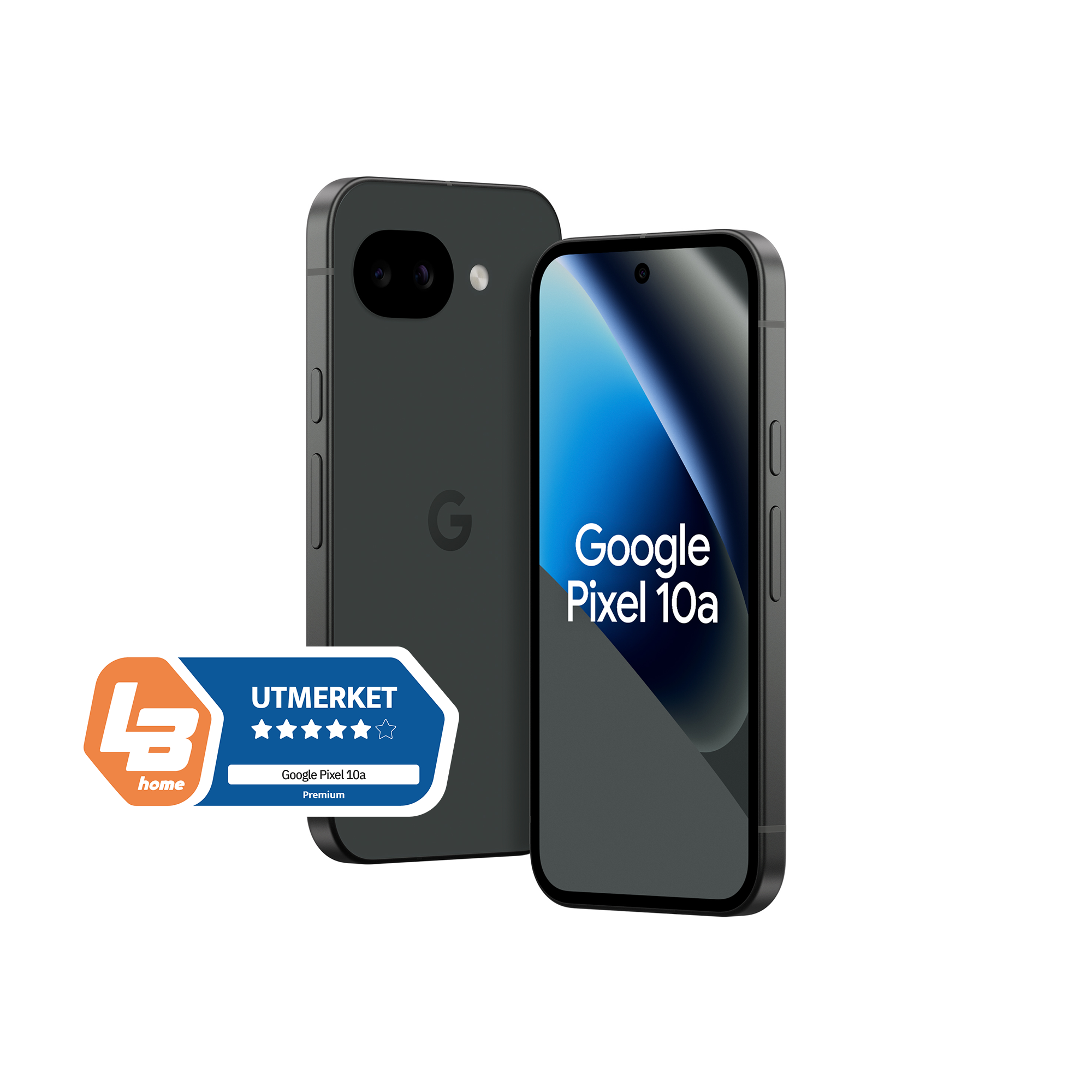 Pixel 10a 128GB Obsidian, to telefoner satt ved siden av hverandre, den ene viser skjermen og den andre viser baksiden.