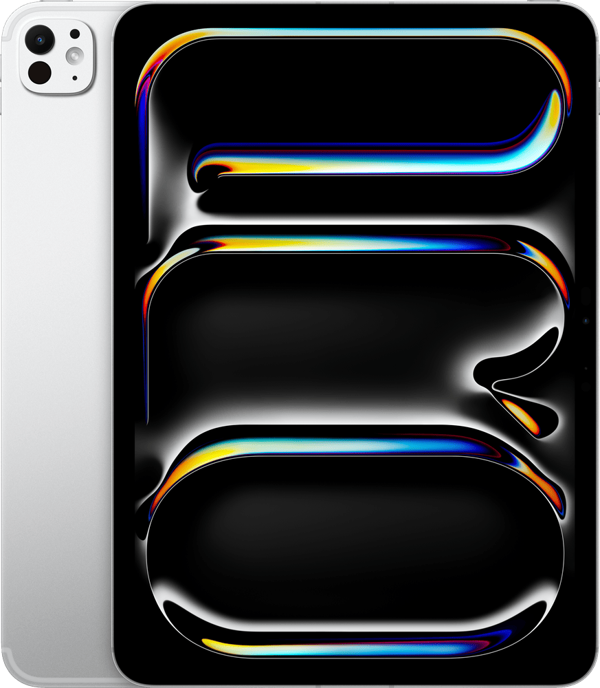 Apple iPad Pro 11" i sølv sett fra forsiden og baksiden