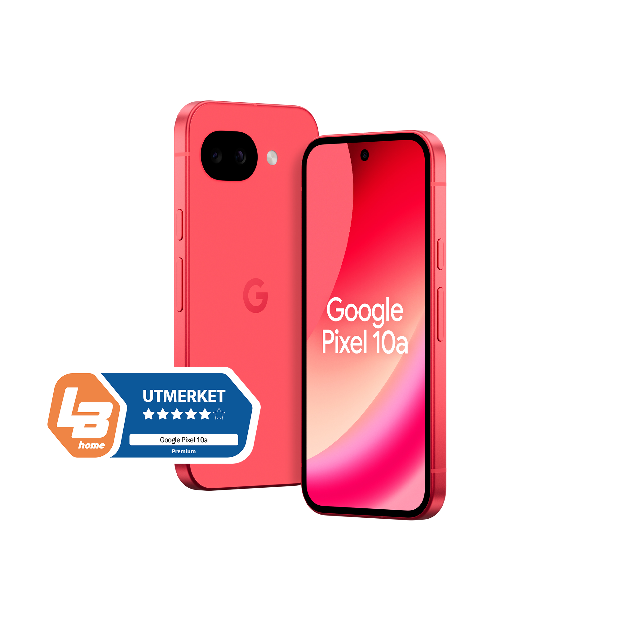 Pixel 10a 128GB Berry, to telefoner satt ved siden av hverandre, den ene viser skjermen og den andre viser baksiden.