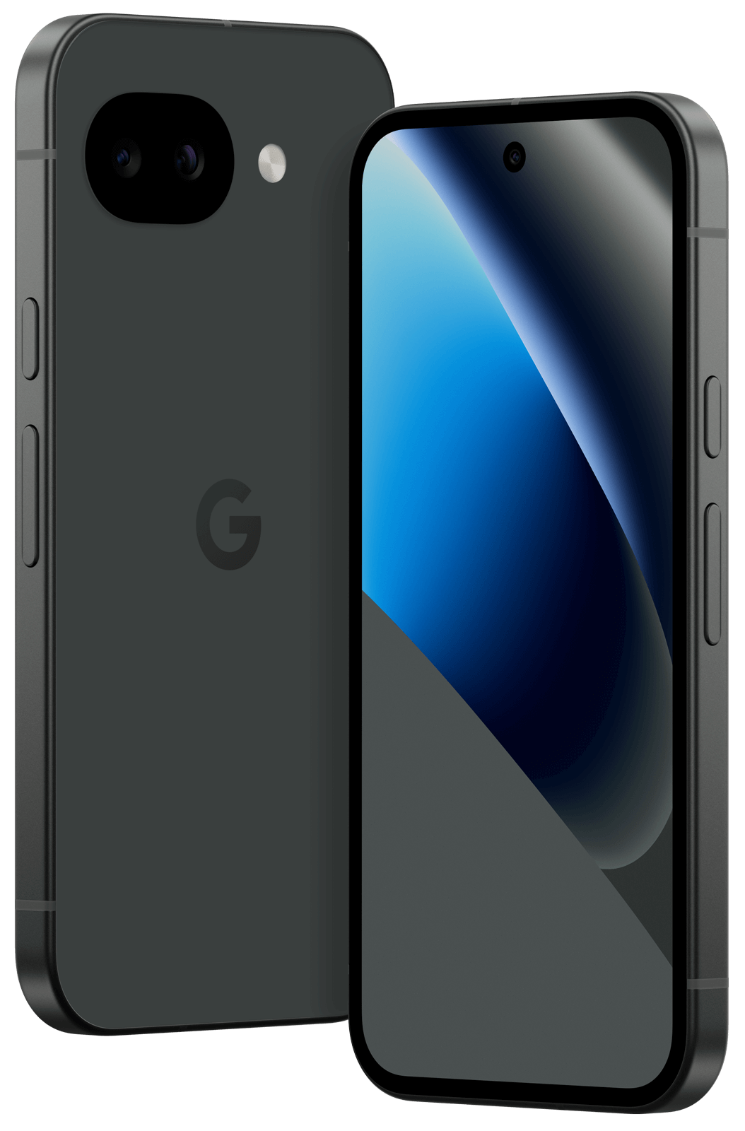 Pixel 10a 128GB Obsidian, to telefoner satt ved siden av hverandre, den ene viser skjermen og den andre viser baksiden.