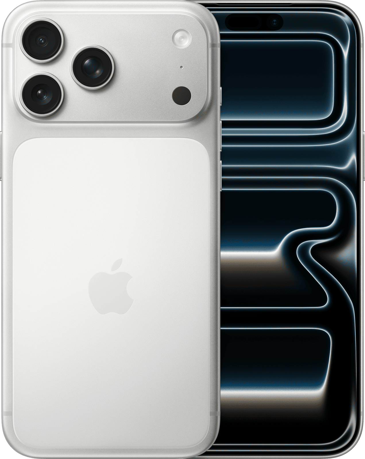 Apple iPhone 17 Pro Max Sølv sett fra forsiden og baksiden