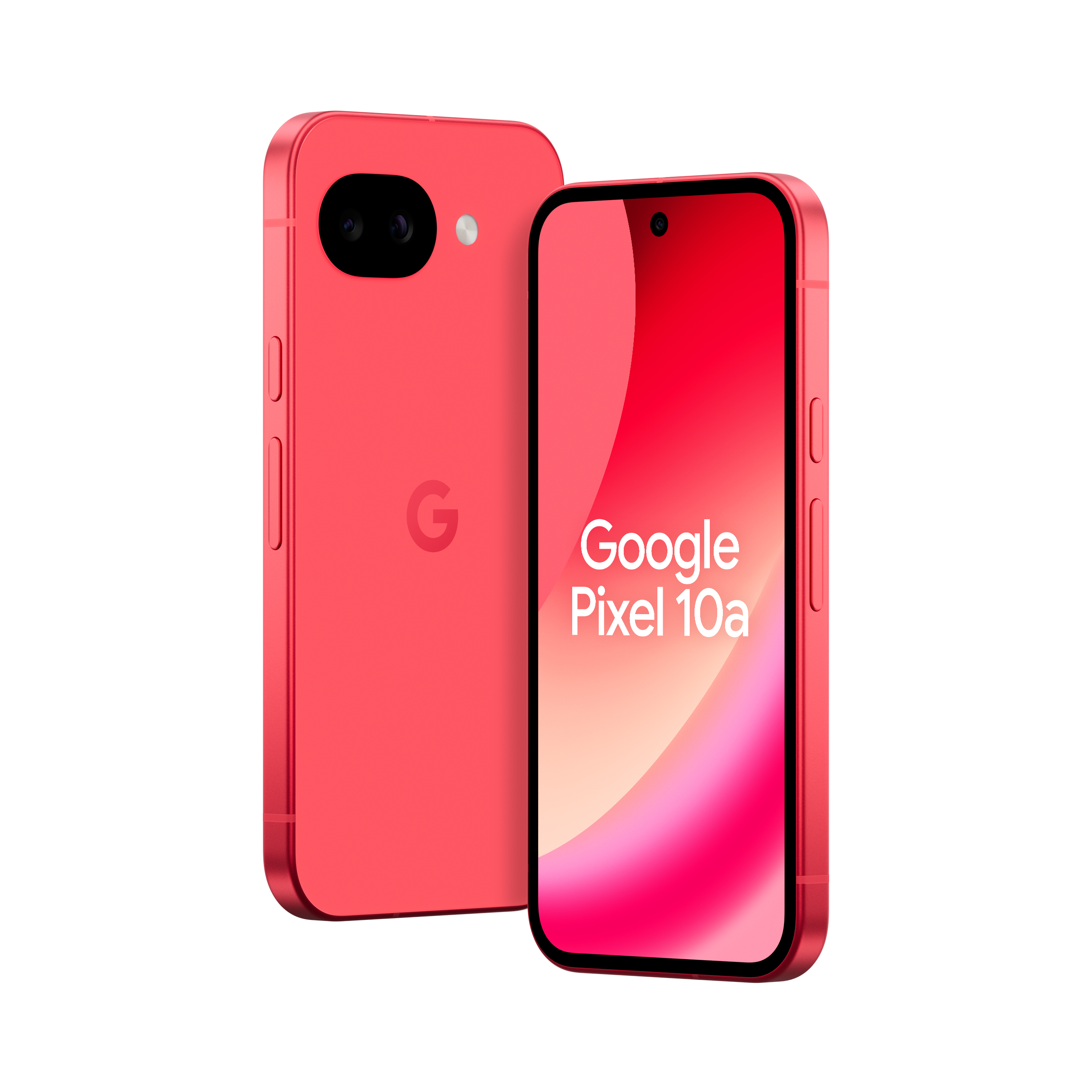 Pixel 10a 128GB Berry, to telefoner satt ved siden av hverandre, den ene viser skjermen og den andre viser baksiden.